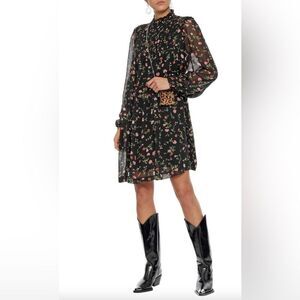 Ganni Elm Pintucked Floral Print Georgette Mini Dress Size 6